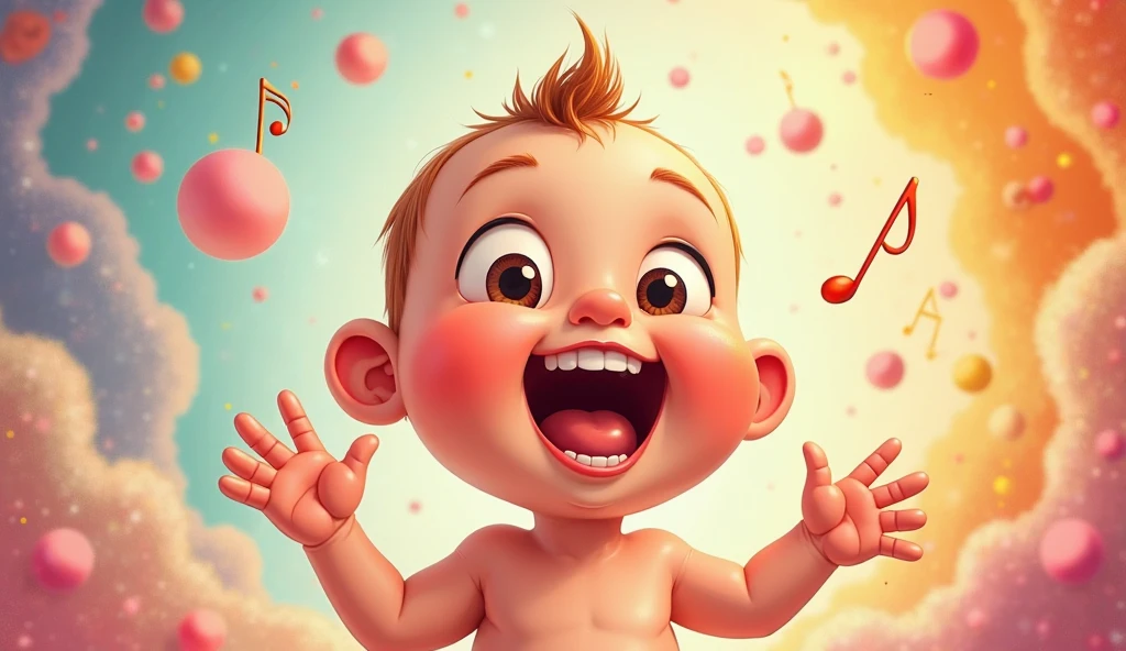 A cartoon of a baby with surprised expressions when hearing different sounds (strong, Suave, melodious).