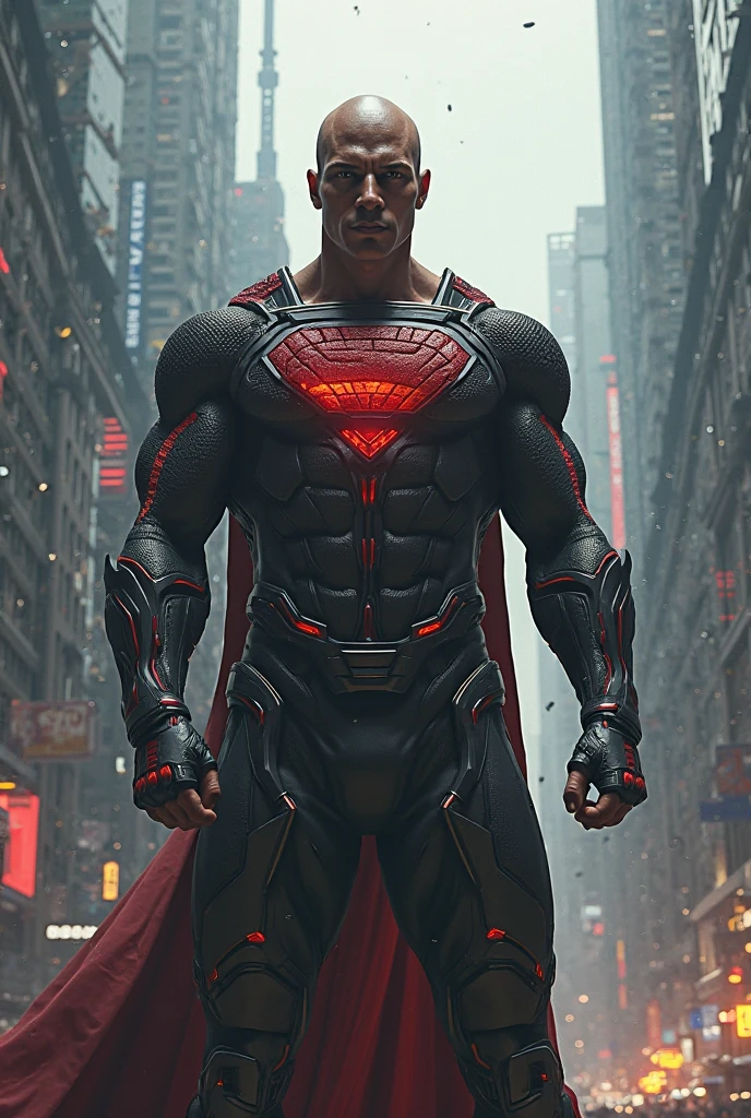 A cyborg superman flying through a futuristic city, advanced technology belonging to the huge corporation, glowing cybernetic implants, dramatic lighting, cinematic camera angle, hyper-detailed, photorealistic, 8k, HDR, seamless integration of man and machine, sleek metallic body, intricate machinery, neon lights, towering skyscrapers, reflective surfaces, sense of power and speed, cinematic composition, dynamic pose, muscular build, chiseled features, piercing gaze