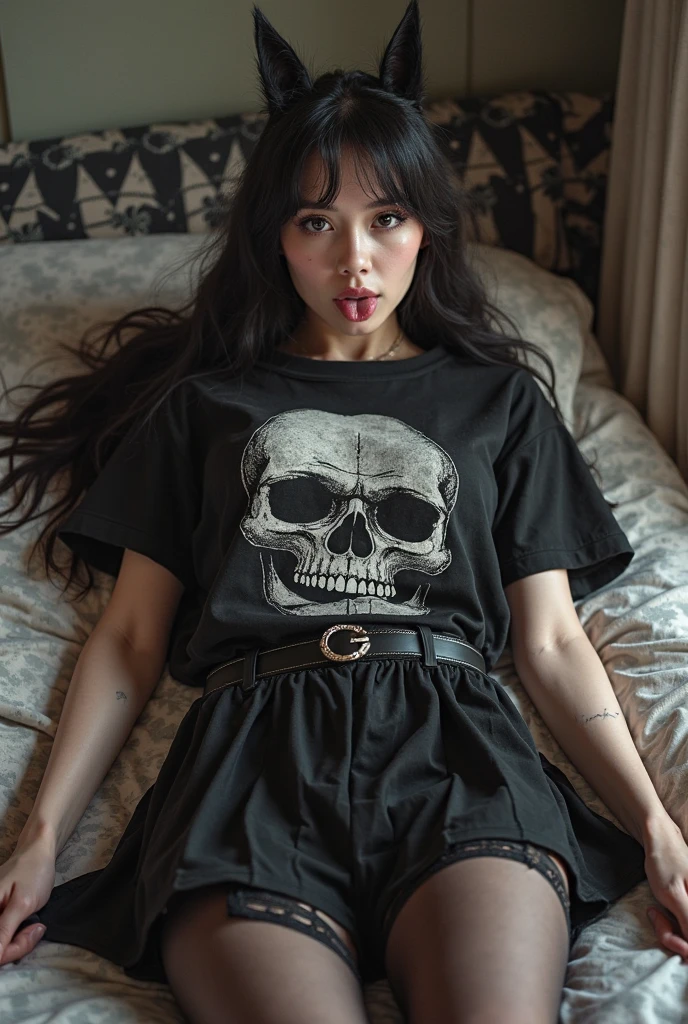female idol、full body Esbian、skeleton print tight mini dress、Skull Hair Accessories