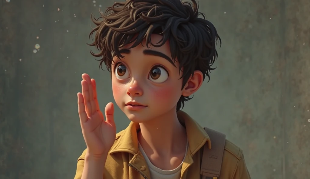 um menino de oito anos de idade, cabelo castanho, olhos castanhos, com roupas de aventureiro, estilo disney
