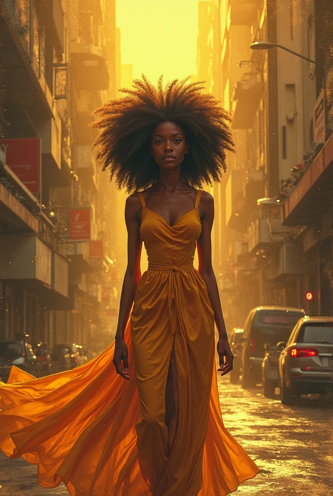 A brunette girl with curly hair and big breasts sits with her legs and giant background sunlight people running form the giant girl and destroying city so big bigger than a building wearing emerald green satin giant 