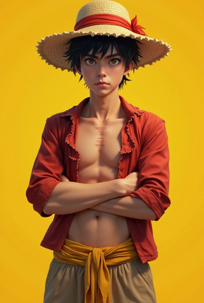 ((masterpiece:1.4, best quality)), ((masterpiece, best quality)), (photo realistic:1.4), 1boy, Japanese male, wanostyle, Monkey D. Luffy, ONE PIECE, straw hat, scars under the eyes, smiling, misar, lean, muscular, professional lighting, physically-based rendering