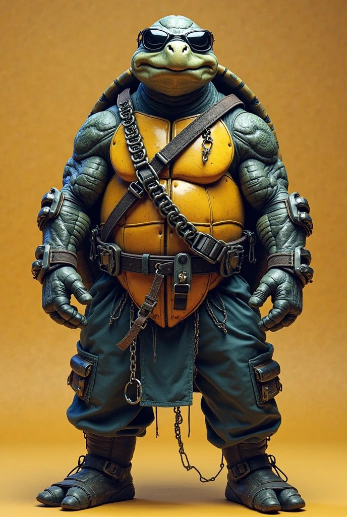 A very large turtle looks forward wearing a rock singer's clothes and behind it is a lot of food.