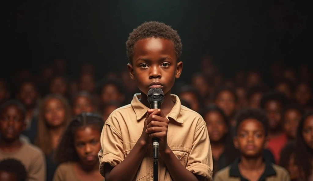 Perfect composition, 8K, Close up, A small afro-haired Afro American boy, with a yellow shirt and jeans and white sneakers, stands on a stage lit by stage lights, holds a microphone in his hand, and sings. An excited expression. Ambient smoke in the background. Behind, little boys in white shirts and jeans, singing. depth of field.