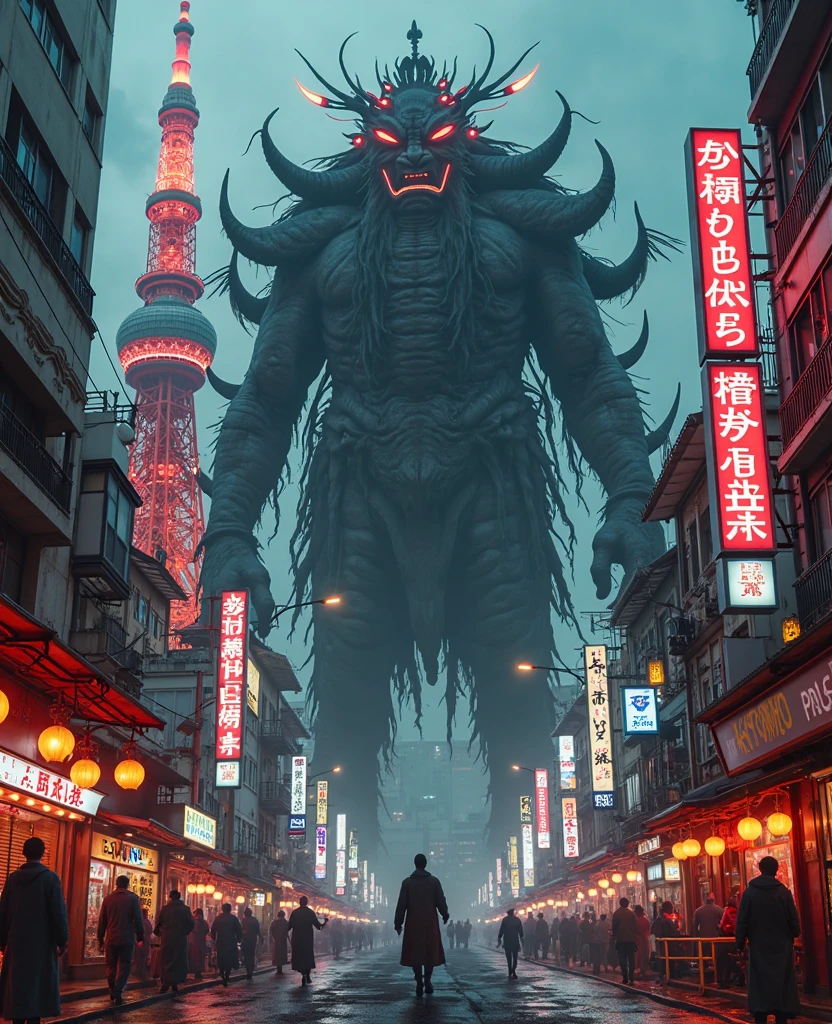 (masterpiece:1.2, Best Quality:1.2), 8K wallpaper, cinematic lighting, professional lighting, ultra High resolution, hyper realistic photograph, RAW photo, 1male monster, (humanoid monster, rotting skin, red eyes:1.3, large horns, fangs, monster tails, red skin:1.3, muscle bodies), (((ultra realistic exterior of down town street, bar & pub street, Dotombori, ultra detailed exterior of Dotombori night pub district, night view, Osaka))), standing, ((energy ball is shining on hands)),