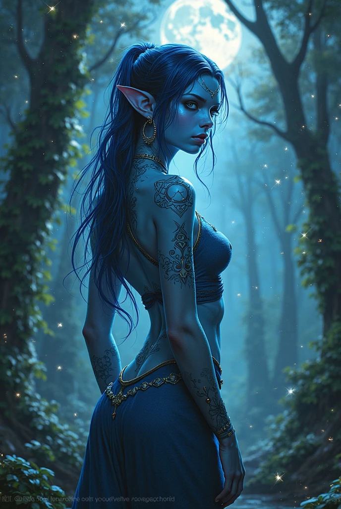 Beautiful and gorgeous elf,  Neon Midnight Indigo,  Elf Woman, Elf Punk, Luminescence white tattoo, 闪闪Luminescence, jungle, dark, siting , Cool pose, A magnificent creature as beautiful as a jaguar, Luminescence, blue stripes, hot, both look gorgeous and hot, forest, Beautiful anime style, illustration, Ultra HD style, Surrealism Realism,   