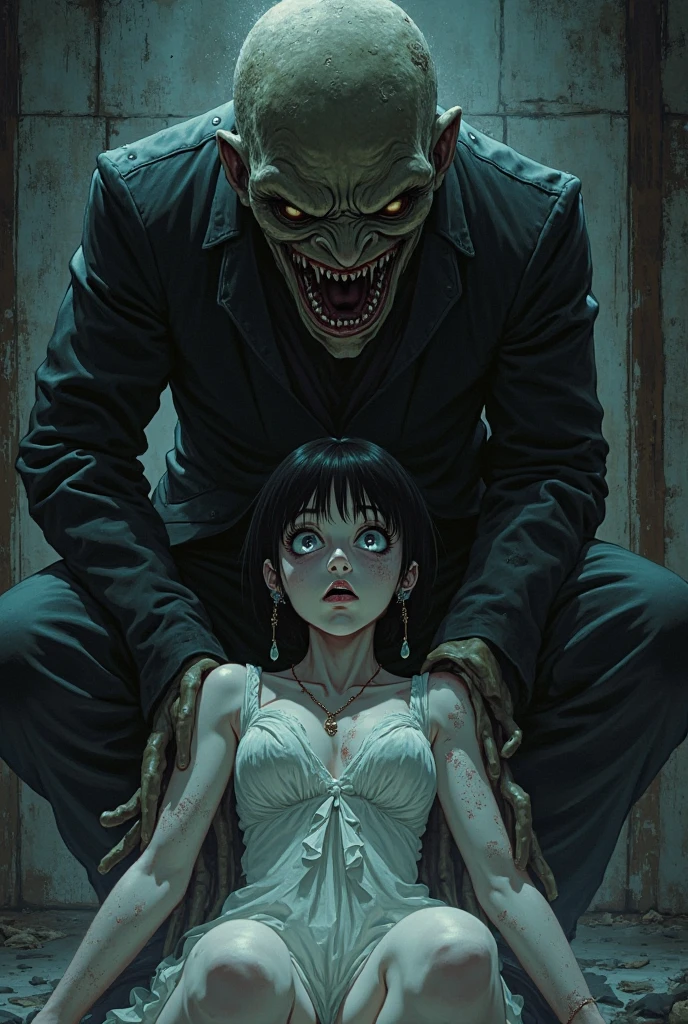 A zombie with a penis having gay doggy style sex, with a human, horror,blood, flesh,bones, apocalypse