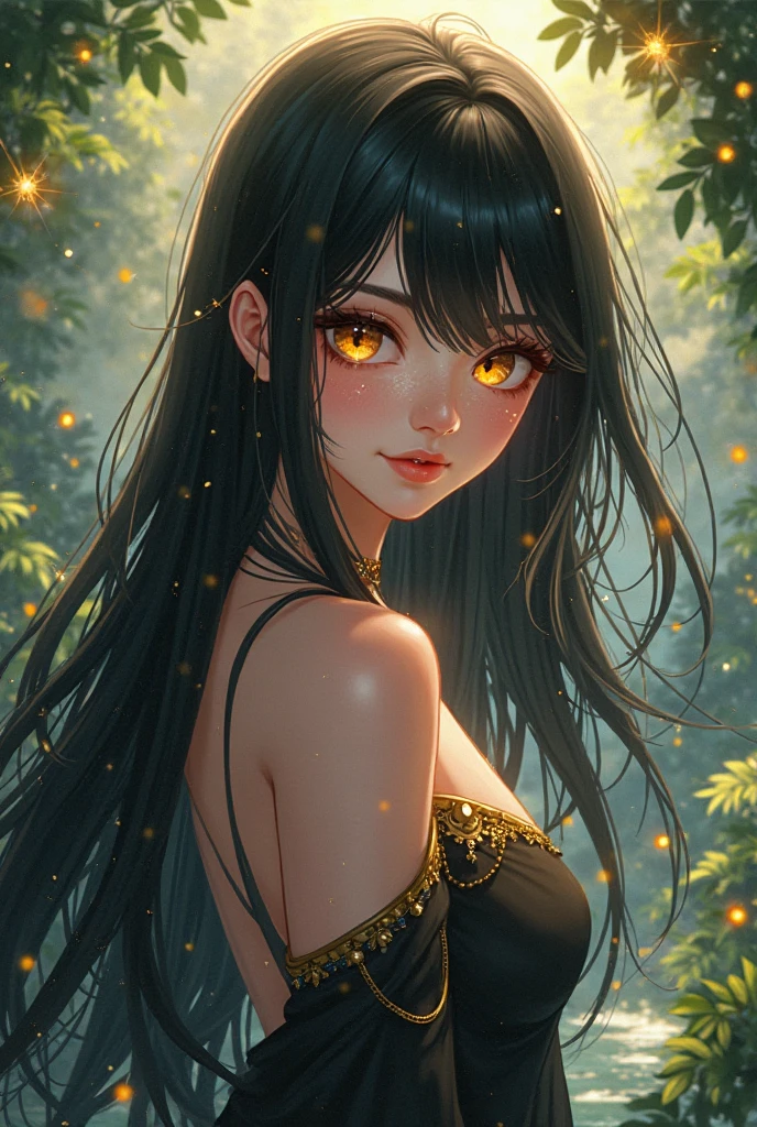 obra de arte, melhor qualidade, noite, montanha, lua cheia, cabelo preto comprido, Mulher, vaga-lume, estrelas, misteriosa flor de cerejeira, folhas rosa, alta qualidade, beautiful graphics, Alto detalhe
