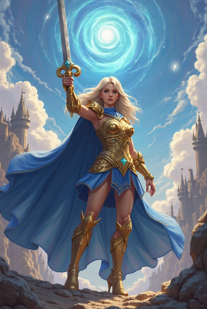 (masculine) (man) (blond hair) (blond hair muy largo que llega hasta los talones) (hair down to heels) (android parts) (blue eyes) (blue eyes brillantes) (man androide) Her hair is long and blonde, has blue eyes, He wears a black tunic with some red and yellow details.) (black tunic and some gold details) (surrounded by stars) (a single model) (solo un man)