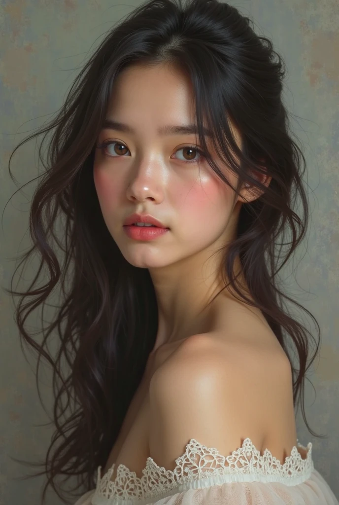 pintura de una mujer fea con las cejas muy gordas y peludas, estilo Mark Ryden, desnuda