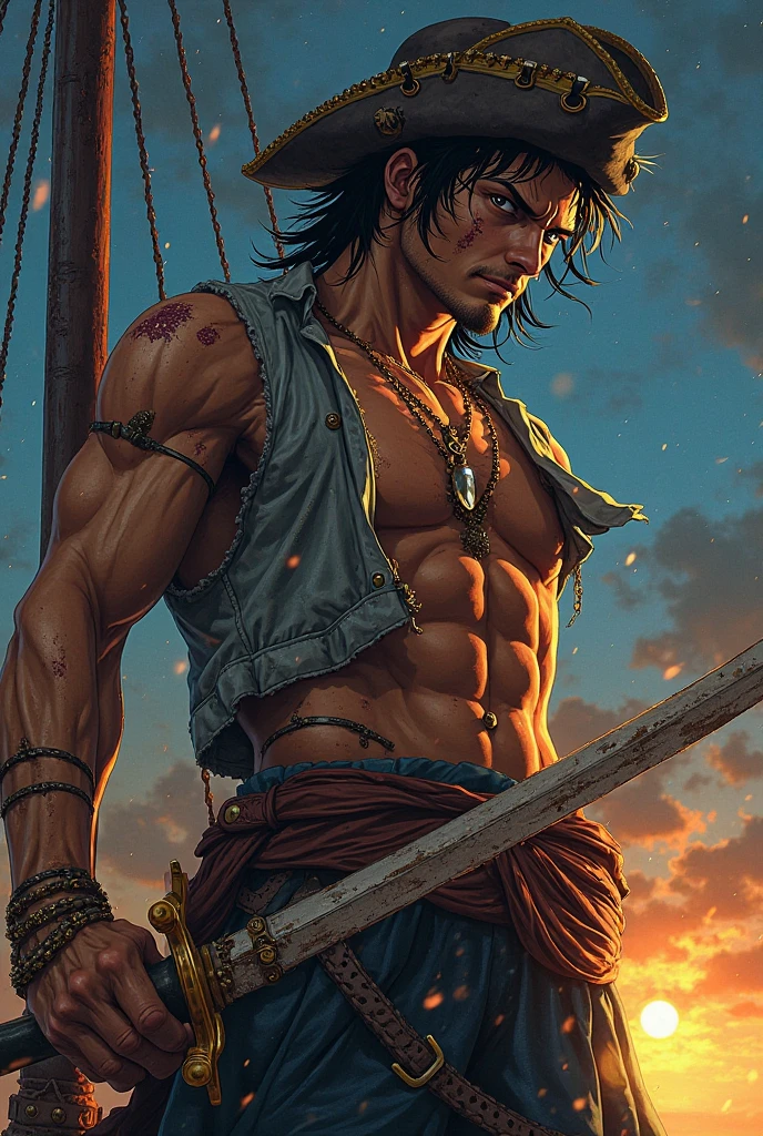 indigenous man, blacksad, brawny, stark, indigenous necklace, indigenous clothes, blue headdress, serious face, angry face, bow and arrow, mystical gold