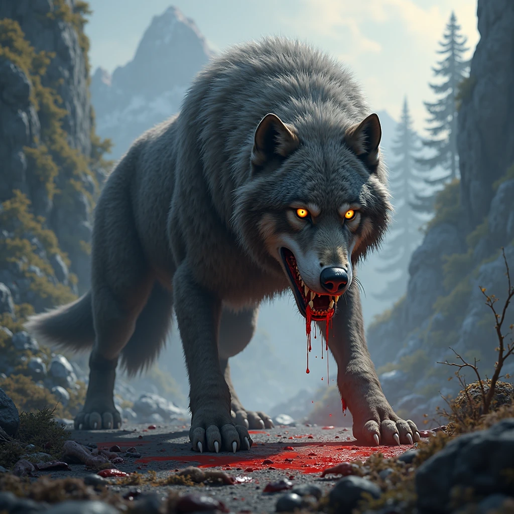 warriors with spears dead on the ground, scattered in the middle of the snow, defeated by a beast half wolf half hyena with black hair on its body, muscular, bloodthirsty look, bloody scene