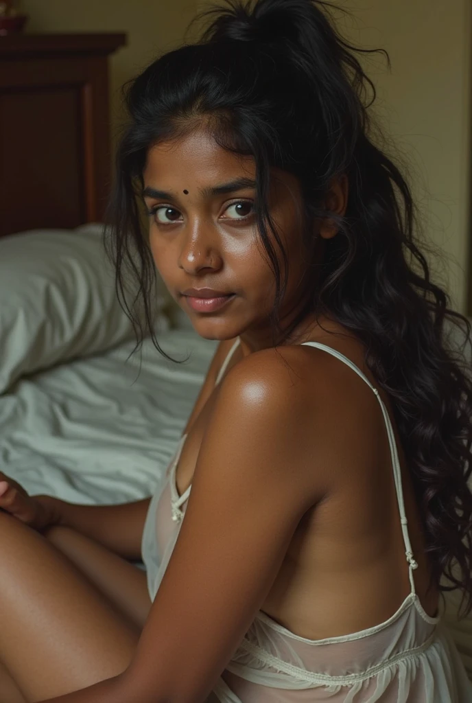 15 year old girl with medium length black hair, children's pigtails hair, Indian facial structure, shy expression, golden necklace, she wearing a sheer tight nurse suit, visible nipples, marked nipples, she in a hospital,