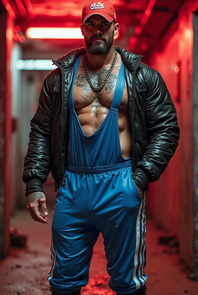 a young hot barefoot muscular street fighter, ruddy himbo wild 18 years old guy, full height, hot libido of the Latin race, in an old worn dirty dark indigo black Adidas tracksuit, muscle flexing on an abandoned sports playground on the street. Unbuttoned sleeveless sports jacket, rolled up ragged sweatpants, boner in pants, trained sweaty abs, brown eyes, very short dark brown male sweat straight hair, dirty bare feet, half smile, bloody gunshot wounds of knees (best quality,4k,8k,highres,masterpiece:1.2),ultra-detailed,(realistic,photorealistic,photo-realistic:1.37),HDR,UHD,studio lighting,ultra-fine painting,sharp focus,physically-based rendering,extreme detail description,professional,vivid colors,bokeh,portraits,gritty,urban,dark,dramatic lighting