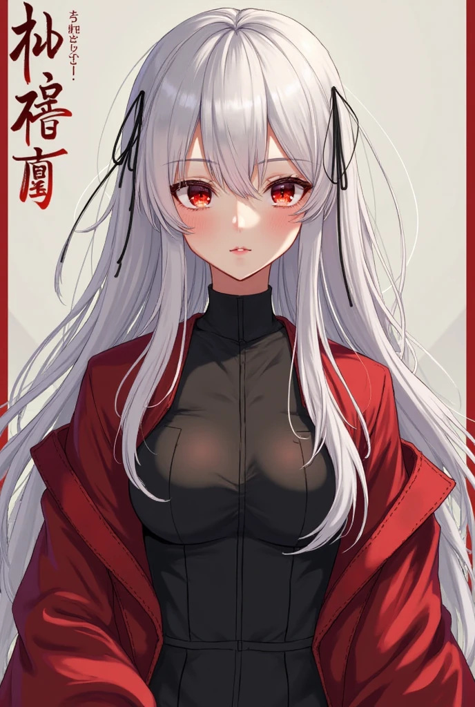 ((Solo, alone, female)), ((Long silver hair, straight)), ((Red eyes, symmetrical)), ((Black kimono, unbuttoned)), ((Red and black gradation background, geometric Japanese pattern)),