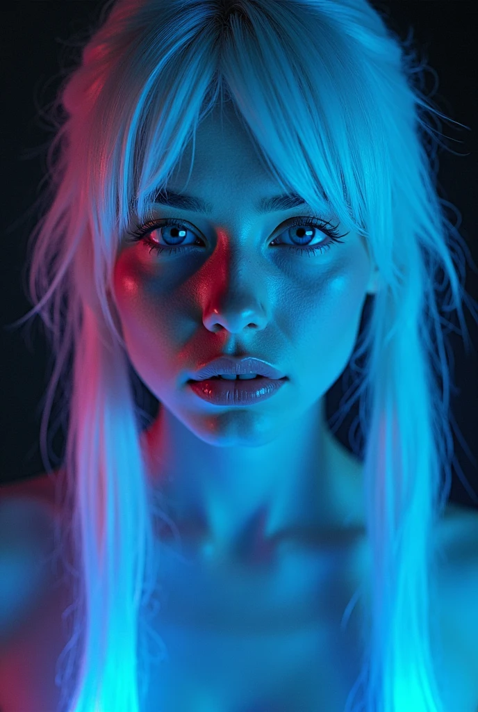 an image of a (3DMM image of a woman., (depth of field 3d: 1.4)) in a 3d picture frame, 3DMM Light Frame, illusion of disappearing into infinity, RGB LED spot lights disappear inward from the edge, infinity mirror, 3D neon art of a woman&#39;s body., psychedelic photoluminescent, Vivid!!, psychedelic lighting, Psychedelic black light, por Jon Coffelt, LSD Images, Neon version of the Jim Burns style, LED space, Skin made of LED spot lights, rgb led effects