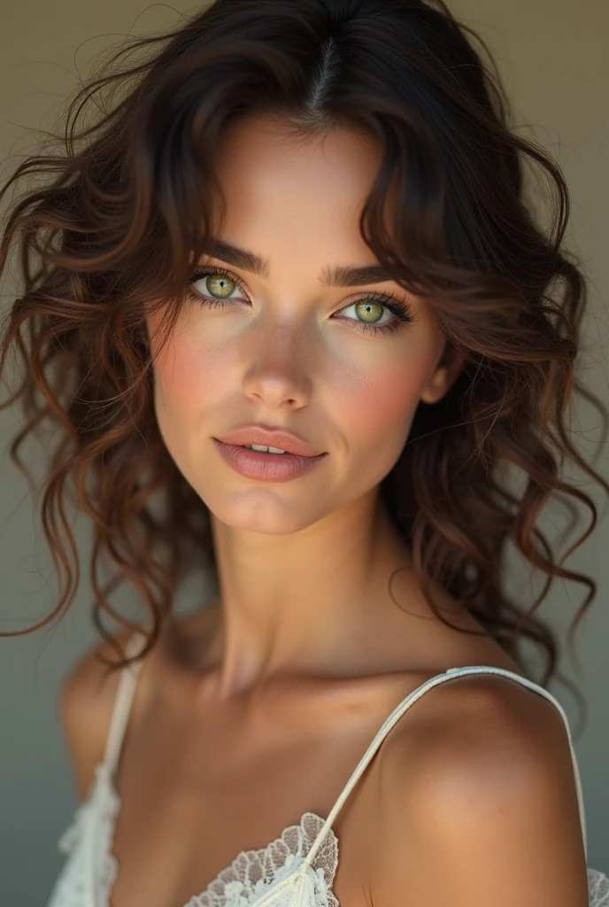 beautiful young woman, average quality Twenty-seven-year-old woman. Short stature and thin body, with curves in the right places. wide, color chocolate, curly. heart shaped face, pretty little nose, big hazel eyes with green, and long, bushy eyelashes. Has separate incisors, but that only increases the attractiveness of his kissable lips.