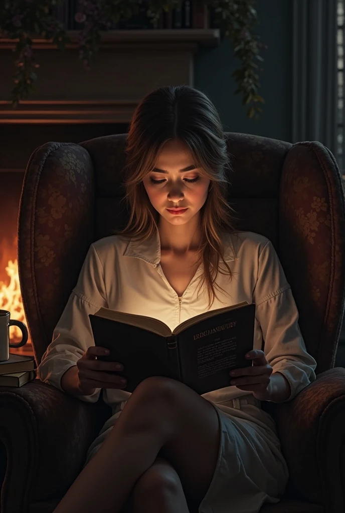 Full-length AI character, centered image:1.4, Sexy and sensual teacher, in his class, wearing a low-cut shirt, legs crossed sensually, sits on his desk:1.3, nice legs, Holding a book, To wear glasses, beautiful hair, (Best quality, 4K, 8 K, a high resolution, masterpiece:1.2), Ultra detailed, (realistic, photorealistic, photorealistic:1.37), elegant, chiaroscuro lighting, dramatic lighting, cinematic, fashion photography, very detailed face, Detailed eyes and lips, complex parts, idyllic magical image of a halo