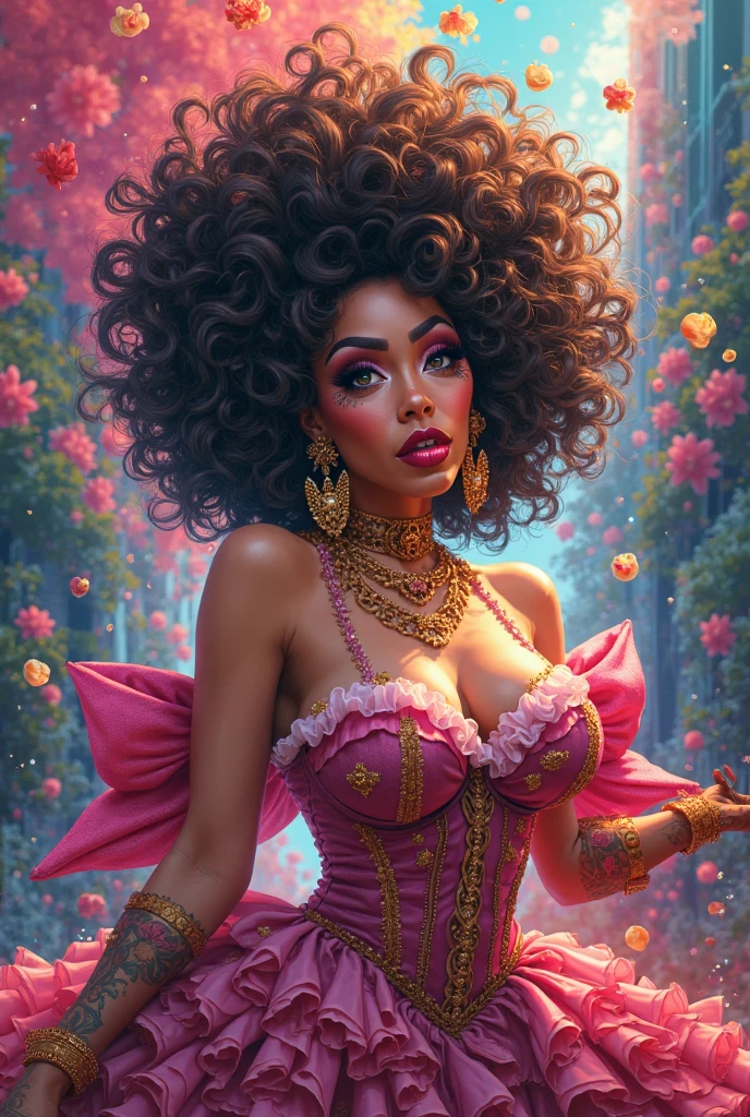 1fille, (Best quality:1.1), (Masterpiece:1.4), portrait, 1fille, (cheveux volumineux)+ , ((curly hair))++, cheveux longs, ((dark skinned))++, (((cheveux roses ))), (golden eyes), Cheveux courts, Gros Seins, Pink Hair , (big lips)+, evening dress, Party Dress , Short Dress , Bas en dentelles, black stockings , peau brillante, Brillant, starry night , pleine lune, Decor Urbain, Bas dentelle, Fioritures, pose dynamique, seiza