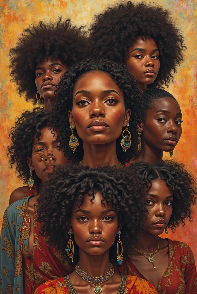 (best quality, masterpiece), afro hair, delicate features, goddess, happy facial expression, standing upright, staring straight ahead, clay-like painting. --auto