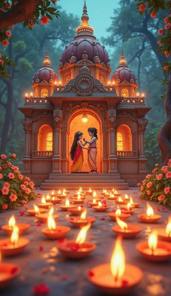 A temple of Radha-Krishna with glowing diyas, symbolizing eternal love.
3d cartoon 