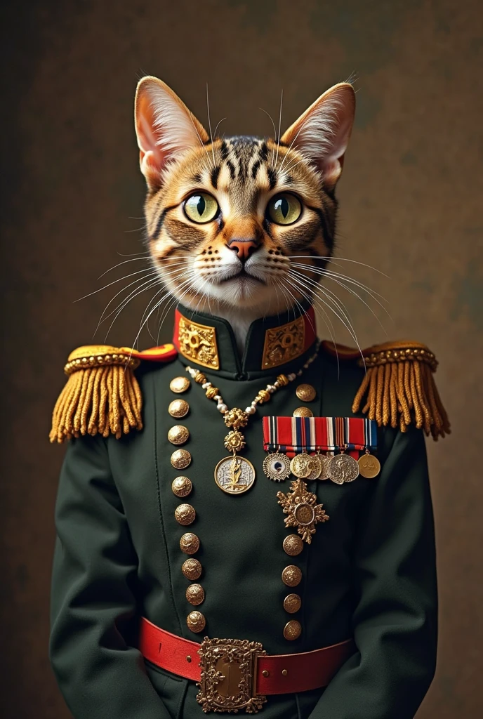 photorealistic portrait of Dressed animals - a ((fat)) Cheshire cat general,(brave pose), high quality,(lovely) ,intricate details, highly detailed ((military uniform) ,,highly detailed decorations, , (brave), studio lighting,(full body image from head to toe:1.5)