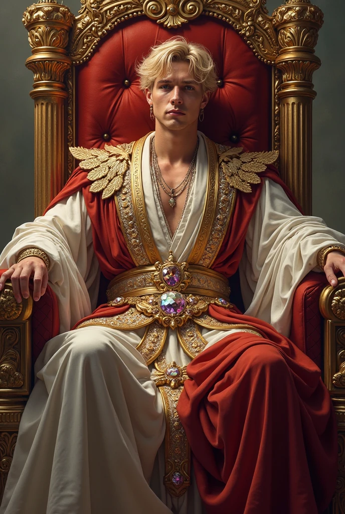 (photorealism:1.2), handsome man, young, dominant aura, muscular, sitting on a golden throne, with an intimidating pose, dressed in a black suit, black pants, blond hair, green eyes, golden crown and gold rings