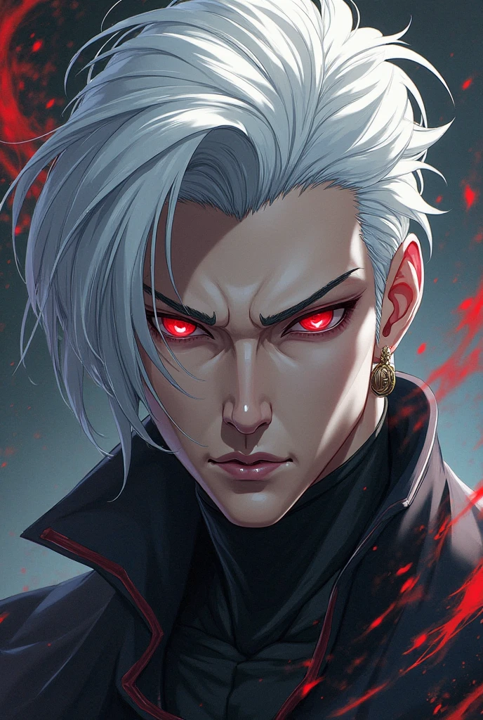 Tall vampire, seriously injured, bruises on the face, short and white hair, Scarlet eyes, summoner