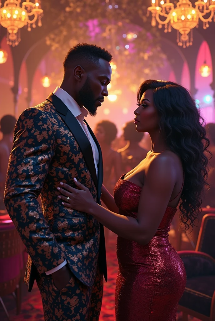 20-year old sexy, hot Nigerian female prostitute discussing with her male client in a night club.