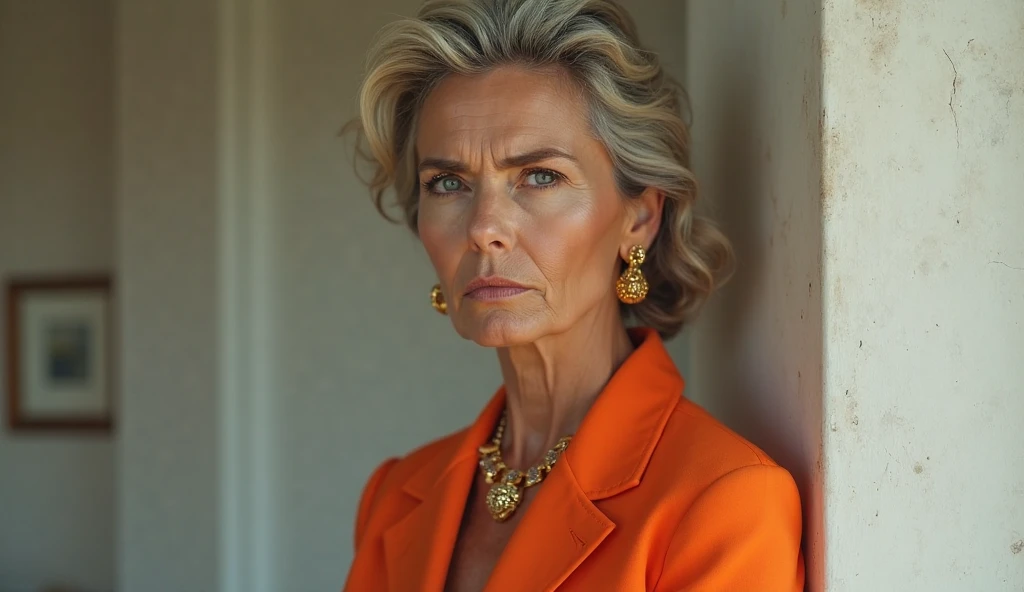 Huelva, Spain, 2002. ((((49-year-old)) Lola Ingrid Bergman)), in therapy, sitting on the sofa, ((sad expression)). ((((casual clothing from the 2000s)))), ((hairstyle of the 2000s))