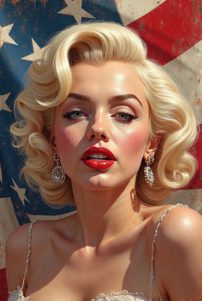 closeup portrait (photo) of a 20 year old Marilyn Monroe looking seductive , cocktail dress, standing on stage in front of USA flag, limelight rim lighting, CinemaHelper