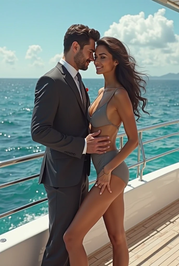 A sexy and beautiful German man and woman, both age 20, woman  wore sky blue colour bikini and man wore sky blue colour  business suit ,woman have gigantic boob 1:6, big cleavage, both are present in sea, couple pose, model pose, very close to each other, masterpiece, realistic, detailed,8k, camera angle front,both are looking at viewer