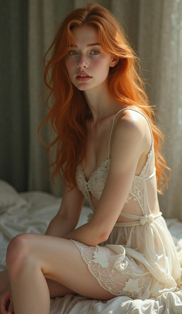 1girl in, age19, Solo, Aesthetic artwork, irish redhead, wavy ginger hair, shoulder length ginger hair, gray eyes, light grey eyes, some small freckles, pale skin, A-cup, small breasts, runners body, (textured skin, skin pores:1.1), (moles:0.8), imperfect skin, goosebumps, in a dark bedroom sitting down, relaxing, innocent, (extremely detailed 8k wallpaper), (soft lighting), high quality, film grain, Fujifilm XT3 sharp focus, f 5.6, 50mm, High Detail, Sharp focus, (boudoir light), in a black silk nightgown. Silk, A black nightgown, lace pattern, poking through, crazy details, complex details, hyperdetailed