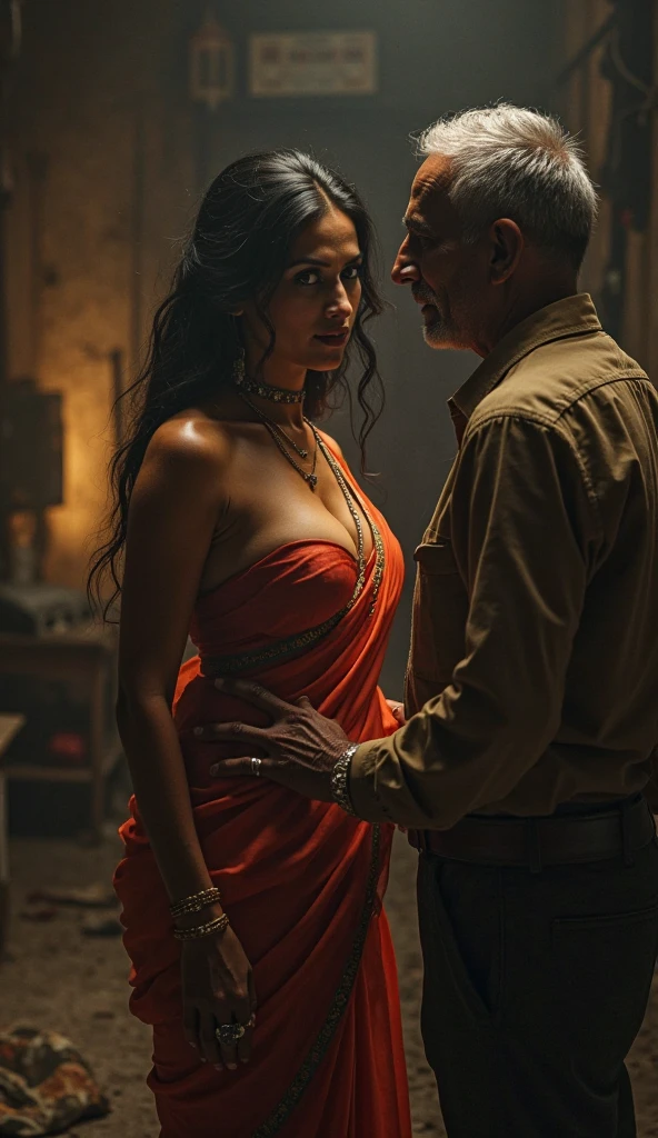 32 years old nayanthara  swooping breasts realistic face angry expression and long strapless red dress an old men pressing her breasts tightly  and her cheek  kissed by an old men and penetrating by his dick in her back forcefully 