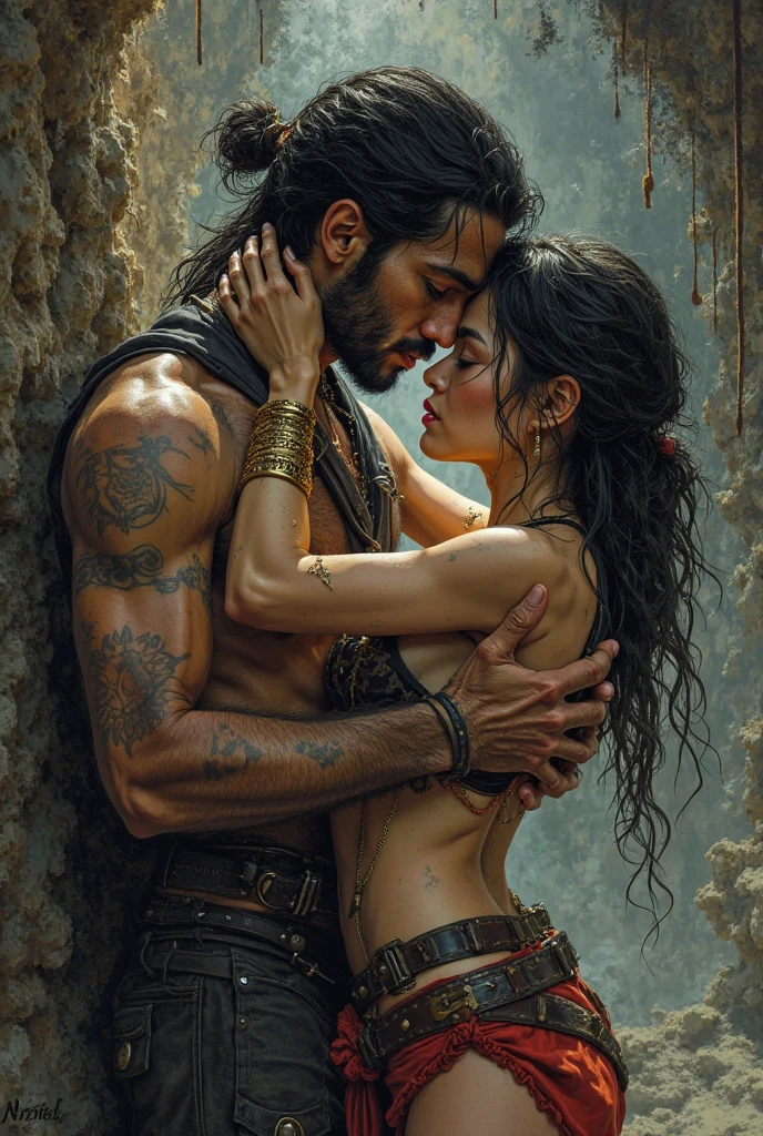 A brown-haired woman behind a very handsome black-haired man with tattoos and the appearance of a blood-soaked ghost.