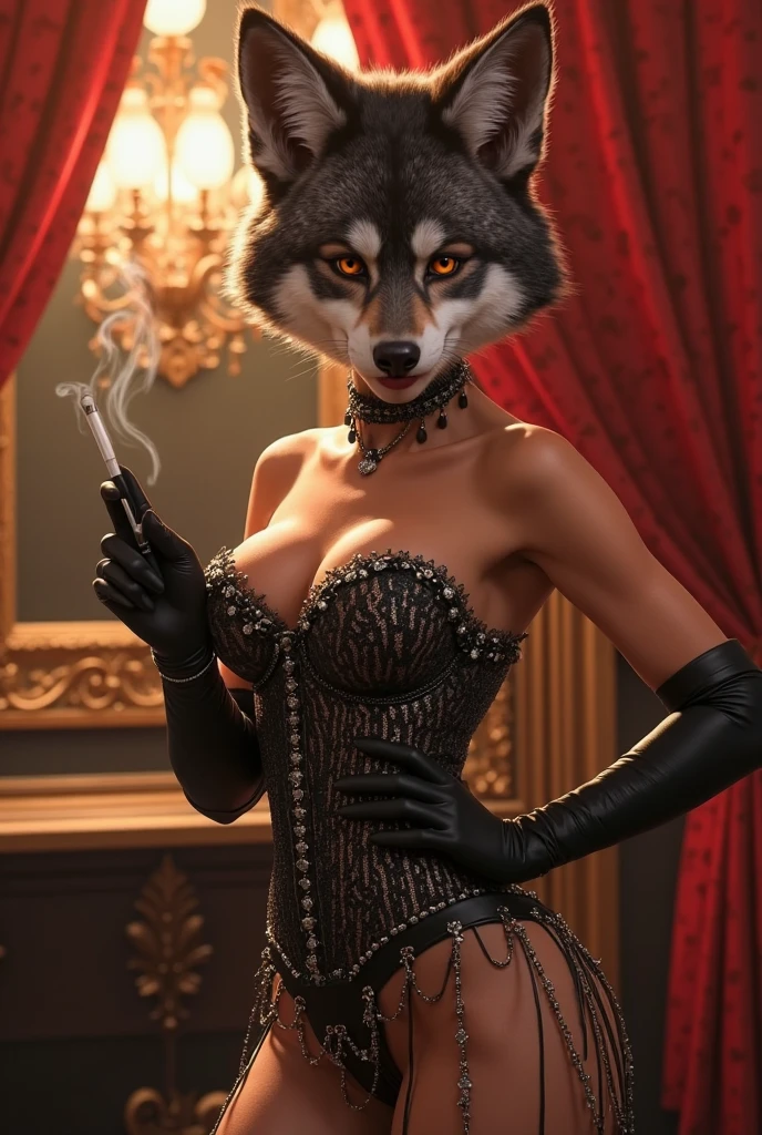 A sexy anthropomorphic wolf, beautiful detailed eyes, beautiful detailed maw, extremely detailed face and fur, long eyelashes, wearing a red dress, sitting on a couch, photorealistic, 8k, high quality, smooth shading, vibrant colors, dramatic lighting, cinematic composition, elegant, alluring, sensual