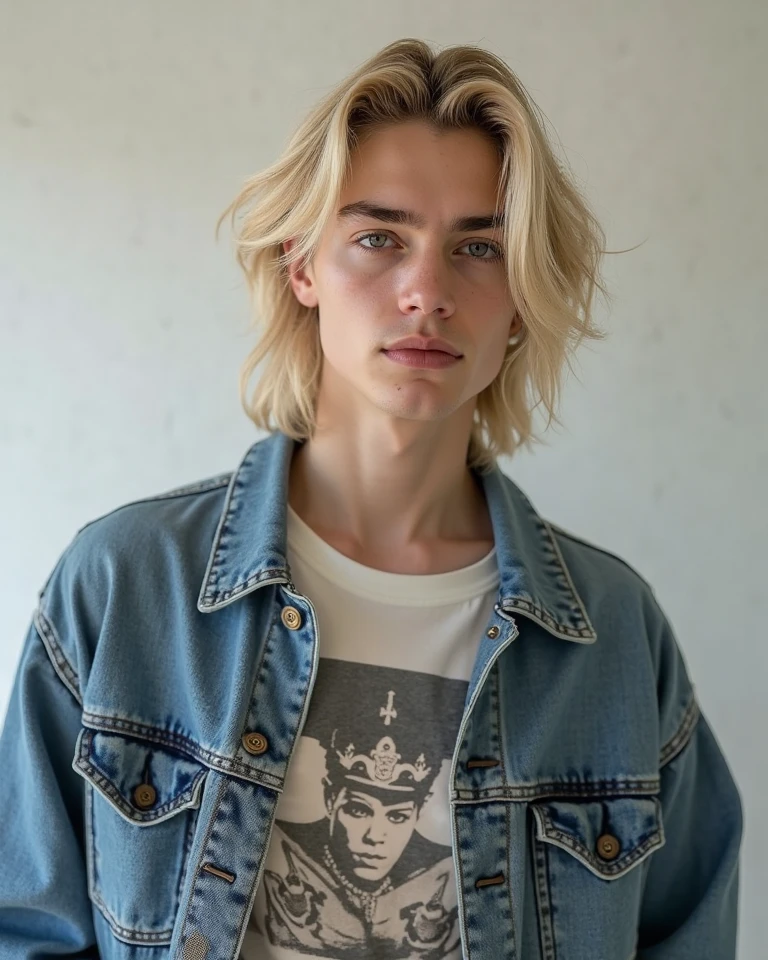 Freckled white boy with blue eyes of blonde hair and tall curly hair 15 year old gringo teenager