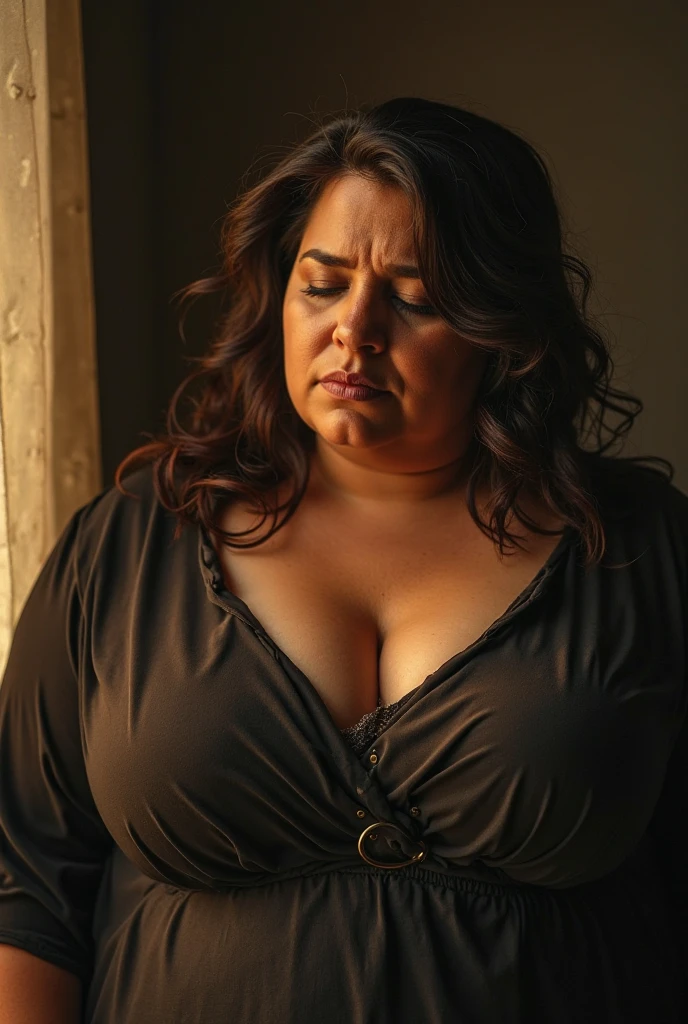 surprised obese ugly latin homeless womam, depressed, 40 years old, wearing a bathrobe, mussed hair, smudged make-up, no earring, head down, open a fridge at night, eating croissant. rule of thirds, high quality background, ultra detailed professional scenery, sharp focus, professional background 4K
