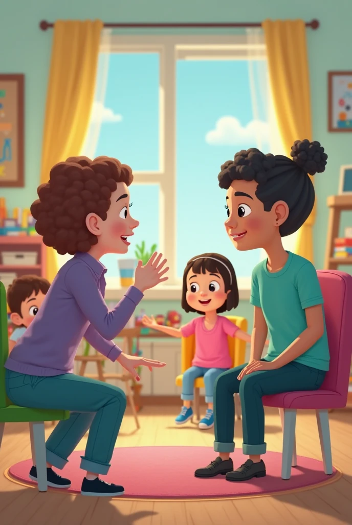 Two teachers, one being the sign language instructor wearing a red blouse, jeans and blue and red sneakers and the other sign language translator wearing a blue blouse, red pants and red and blue sneakers teaching a 5 year old student Libras wearing a blue blouse, red pants and blue and red sneakers 