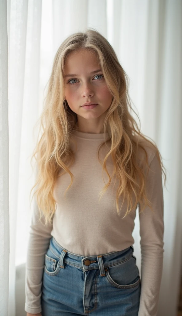((intricate details, pale skin)), solo, very detailed, detailed face, very long hair, picture of a beautiful young woman, dasha_taran, sfw, ((natural golden blonde hair, full color hair, well cared hair)), High Definition RAW Photography, 16k photography, (full body), standing, delicate facial features, pretty face, detailed full body, visible from head to knees, (bright sky-blue eyes:1.2), mesmerizing eyes, emotive longing expression, (cinematic, film grain:1.1)