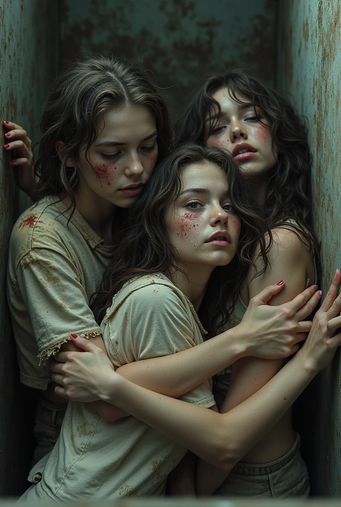 three very thin young nude female teenager who looks anorexic gazing sadly into the camera lens. Smiling face. the girl's body is similar to that of a pubescent.with a crucifix around his neck. They are squatting under a shower.