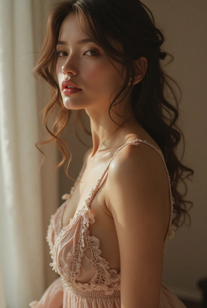 beautiful brunette girl with braided hair. wearing satin dress