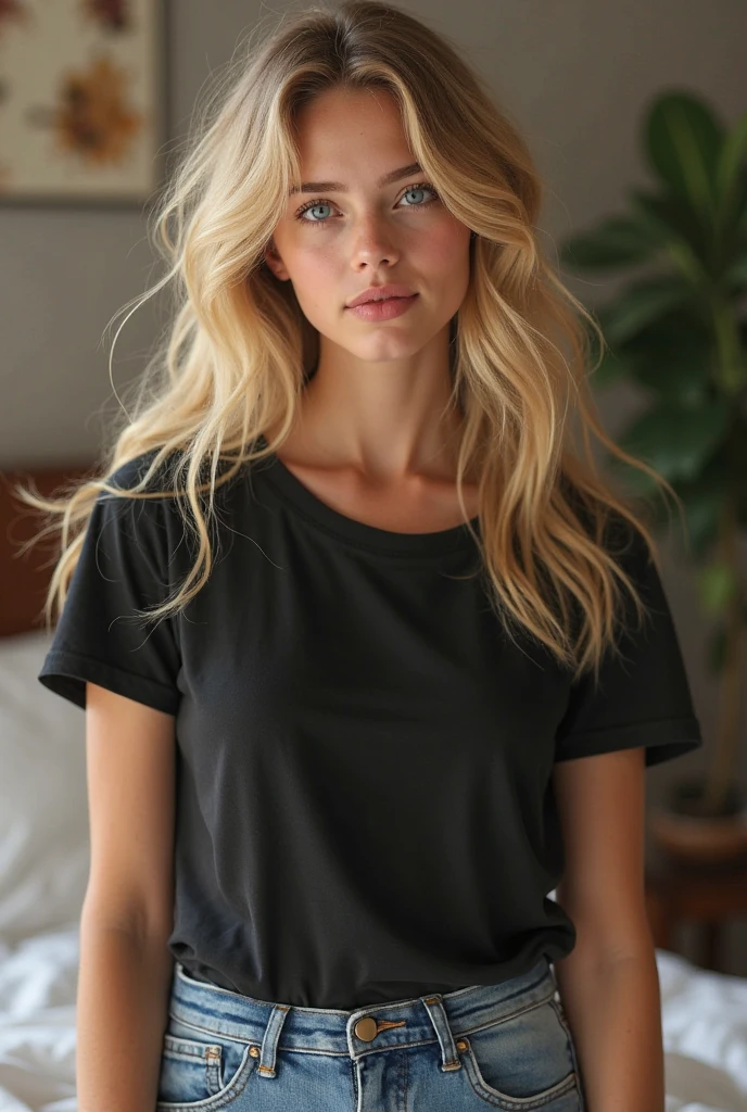 A blonde 19 year old woman with a baggy T-shirt and panties on take a selfie on her phone. She has black eyeliner. Photorealistic.