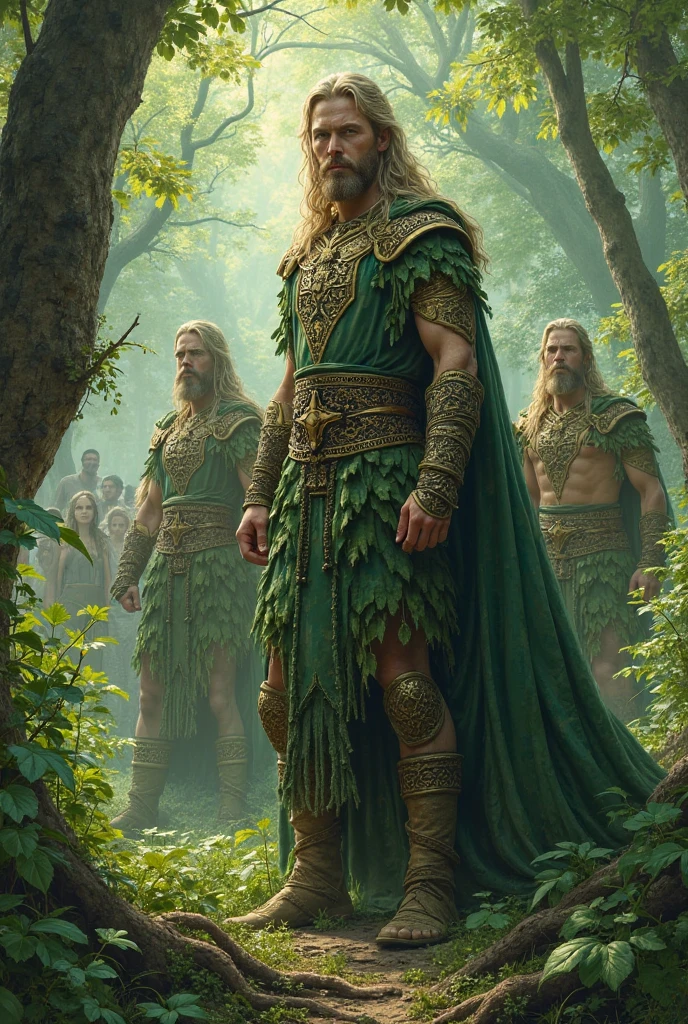 A group of blond giants trample people barefoot in the forest, Digital Art Style(The most important topics), (best quality, 4k, High resolution), Extremely detailed, Practical:1.37, HDR, Studio Lighting, Bright colors, Exquisite details of the towering figures, People had horrified expressions on their faces, The scene is surrounded by dense foliage and tall trees, Soft sunlight shines through the leaves, Mysterious and ethereal atmosphere, Dynamic movement of the blond giant, Feeling of chaos and destruction, An otherworldly feel, Vibrant and contrasting color scheme, The strange shadow cast by the giant, Surreal and dreamlike environment.