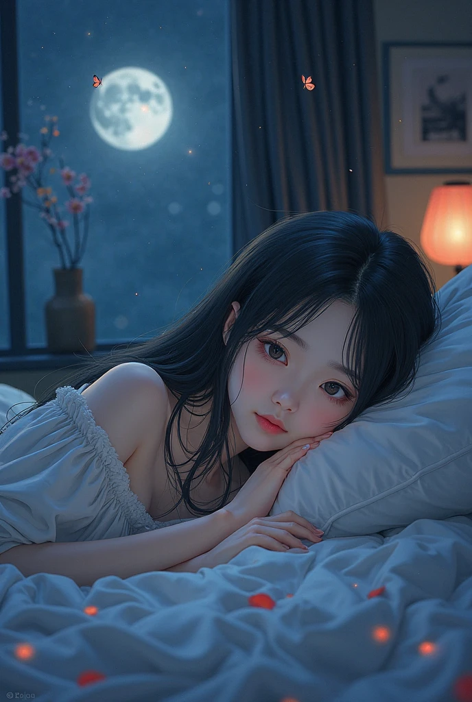 masterpiece、top-quality、ultra-detailliert、(Chibi Chara's Daughter:1.2)、Chibi Bed、night wear、closing eye、(Sleeping:1.2)、The bed is what you sleep in、full body Esbian、dim room、Moonlight from the window、Stuffed Bear