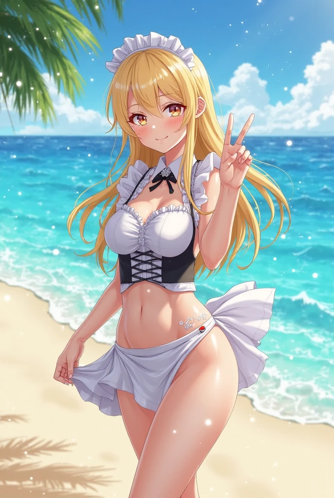 masterpiece, rich colors, Best quality, detailed, high resolution, Hyper quality, high detail, , high quality, detailing, skinny sexy girl on the beach , bright lighting , Brown eyes, Anime, palm trees, bright lighting, blonde,