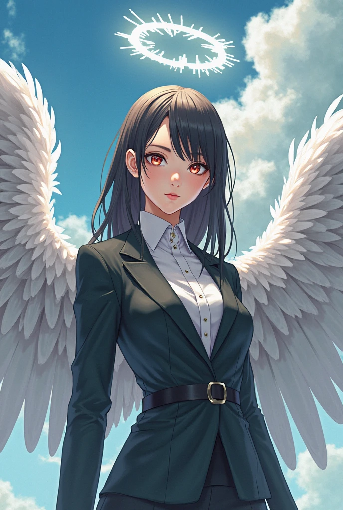 (masterpiece, best quality, view from below), 1girl, solo, (feathered angelic wings:1.2), glow, heterochromia eyes, really curly hair, dark skin, skyline, buildings, city, cloudy sky, dutch angle, from side, light frown, looking at viewer, outdoors, rooftop, sky, skyscraper