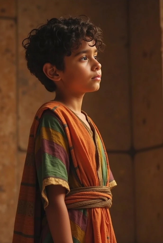 Brown boy with short hair, black and wavy, eyes browns, wearing a white cape, roxa, blue and yellow