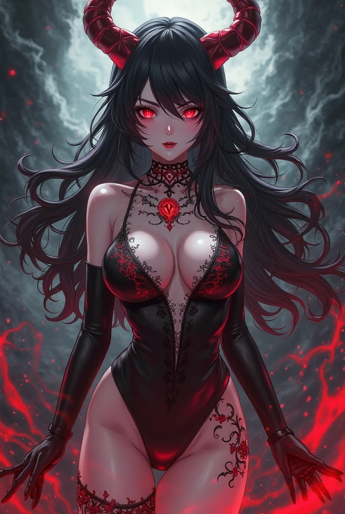Demon girl with red skin, black horns, completely black eyes, straight black hair, muscular, purple eyes, demon tail, Red skin , black eyes, purple eyes