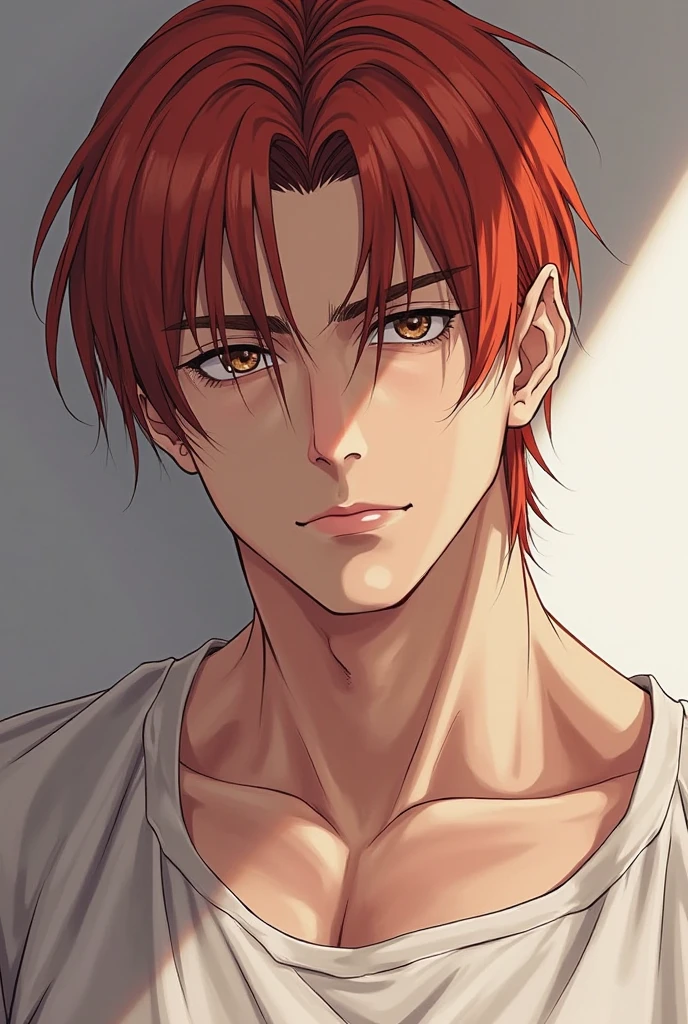Red hair in the bathroom、Anime man without shirt, Anime handsome man, male anime character, Cool anime poses, Tall anime man with blue eyes, Shikano Makoto, semi realistic anime, Male anime style, semi realistic anime, Handsome Japanese demon boy, Handsome anime boy, The handsome guy in Demon Slayer, cai xukun